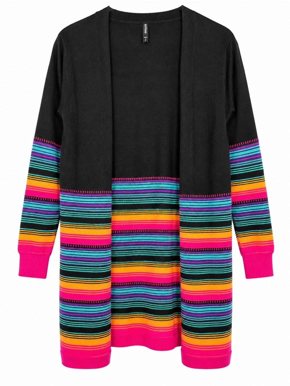 Crazy Train Black Open-Front Cardigan with Bright Multicolor Stripes